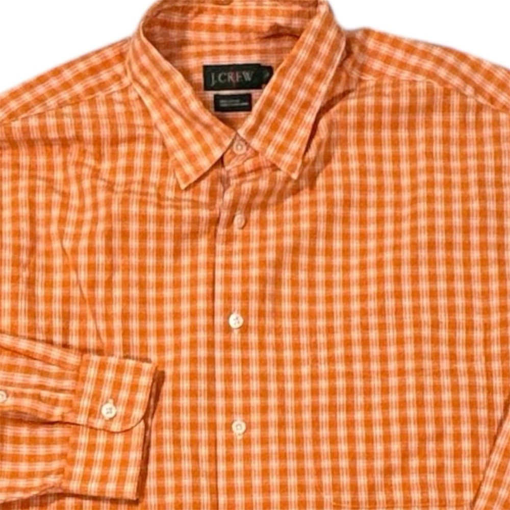 Vintage J Crew Oarsmen Button Up Shirt Mens Large Orange White Plaid L/S *read‎
